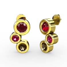 Dumanlı kuvars, garnet ve rodolit garnet 925 ayar altın kaplama gümüş küpe