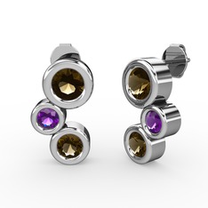 Dumanlı kuvars ve ametist 18 ayar beyaz altın küpe