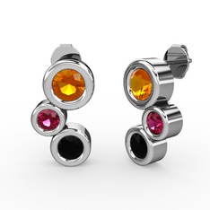 Siyah zirkon, sitrin ve rodolit garnet 18 ayar beyaz altın küpe