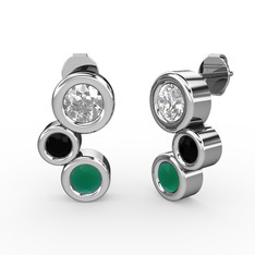 Kök zümrüt, swarovski ve siyah zirkon 14 ayar beyaz altın küpe