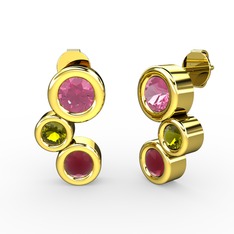 Kök yakut, pembe kuvars ve peridot 14 ayar altın küpe