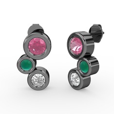 Vinda Küpe - Pırlanta, pembe kuvars ve kök zümrüt 925 ayar siyah rodyum kaplama gümüş küpe (1 karat) #1sc1dbd