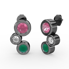 Vinda Küpe - Kök zümrüt, pembe kuvars ve swarovski 925 ayar siyah rodyum kaplama gümüş küpe #1suxbx0