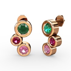 Pembe kuvars, yeşil kuvars ve rodolit garnet 18 ayar rose altın küpe
