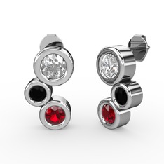 Garnet, beyaz zirkon ve siyah zirkon 18 ayar beyaz altın küpe