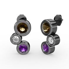 Vinda Küpe - Ametist, dumanlı kuvars ve beyaz zirkon 925 ayar siyah rodyum kaplama gümüş küpe #1vgi02k