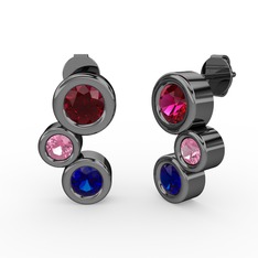 Lab safir, rodolit garnet ve pembe kuvars 925 ayar siyah rodyum kaplama gümüş küpe