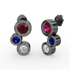 Swarovski, rodolit garnet ve lab safir 925 ayar siyah rodyum kaplama gümüş küpe