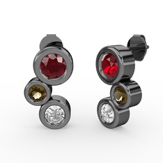 Beyaz zirkon, garnet ve dumanlı kuvars 925 ayar siyah rodyum kaplama gümüş küpe