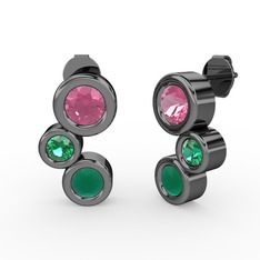 Vinda Küpe - Kök zümrüt, pembe kuvars ve yeşil kuvars 925 ayar siyah rodyum kaplama gümüş küpe #1whjxc9