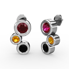 Siyah zirkon, rodolit garnet ve sitrin 18 ayar beyaz altın küpe