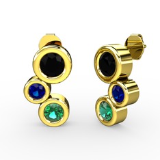 Yeşil kuvars, siyah zirkon ve lab safir 925 ayar altın kaplama gümüş küpe