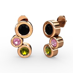 Peridot, siyah zirkon ve pembe kuvars 8 ayar rose altın küpe
