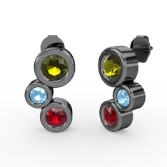 Garnet, peridot ve akuamarin 925 ayar siyah rodyum kaplama gümüş küpe