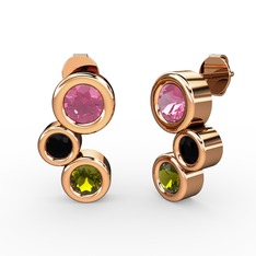 Peridot, pembe kuvars ve siyah zirkon 18 ayar rose altın küpe
