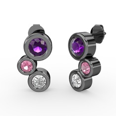 Swarovski, ametist ve pembe kuvars 925 ayar siyah rodyum kaplama gümüş küpe