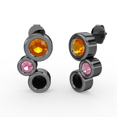 Vinda Küpe - Siyah zirkon, sitrin ve pembe kuvars 925 ayar siyah rodyum kaplama gümüş küpe #3bmo7m