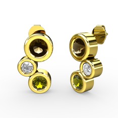 Peridot, dumanlı kuvars ve beyaz zirkon 14 ayar altın küpe