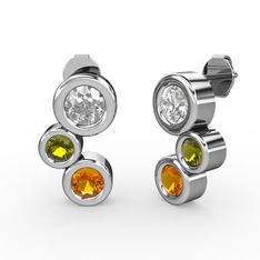 Sitrin, swarovski ve peridot 8 ayar beyaz altın küpe
