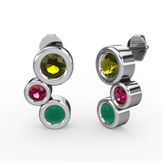 Kök zümrüt, peridot ve rodolit garnet 18 ayar beyaz altın küpe