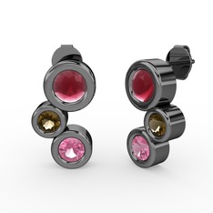 Vinda Küpe - Pembe kuvars, kök yakut ve dumanlı kuvars 925 ayar siyah rodyum kaplama gümüş küpe #5hbruc