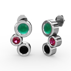 Siyah zirkon, kök zümrüt ve rodolit garnet 18 ayar beyaz altın küpe