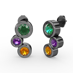 Vinda Küpe - Sitrin, yeşil kuvars ve ametist 925 ayar siyah rodyum kaplama gümüş küpe #6tmgtu