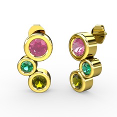 Peridot, pembe kuvars ve yeşil kuvars 18 ayar altın küpe