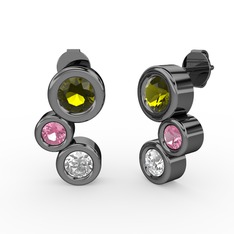 Swarovski, peridot ve pembe kuvars 925 ayar siyah rodyum kaplama gümüş küpe