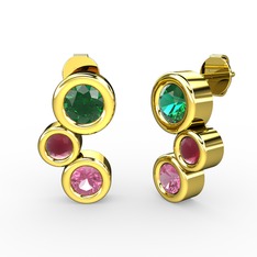 Vinda Küpe - Pembe kuvars, yeşil kuvars ve kök yakut 18 ayar altın küpe #8fi2xy