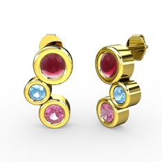 Vinda Küpe - Pembe kuvars, kök yakut ve akuamarin 18 ayar altın küpe #8sn64q