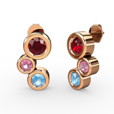 Akuamarin, garnet ve pembe kuvars 14 ayar rose altın küpe