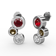 Swarovski, garnet ve dumanlı kuvars 14 ayar beyaz altın küpe