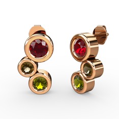 Peridot, garnet ve dumanlı kuvars 18 ayar rose altın küpe