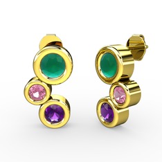 Ametist, kök zümrüt ve pembe kuvars 14 ayar altın küpe