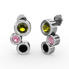 Vinda Küpe - Siyah zirkon, peridot ve pembe kuvars 8 ayar beyaz altın küpe #d6422q