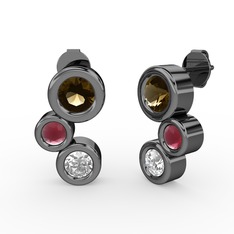 Vinda Küpe - Pırlanta, dumanlı kuvars ve kök yakut 925 ayar siyah rodyum kaplama gümüş küpe (1 karat) #dc1eh0