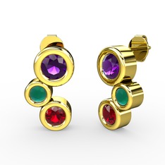 Vinda Küpe - Garnet, ametist ve kök zümrüt 18 ayar altın küpe #e632lr