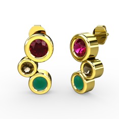 Vinda Küpe - Kök zümrüt, rodolit garnet ve dumanlı kuvars 14 ayar altın küpe #e8tonc