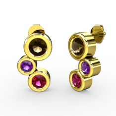 Vinda Küpe - Rodolit garnet, dumanlı kuvars ve ametist 14 ayar altın küpe #eq6aa