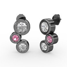 Swarovski, pırlanta ve pembe kuvars 925 ayar siyah rodyum kaplama gümüş küpe (1.84 karat)