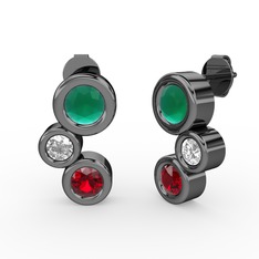 Garnet, kök zümrüt ve pırlanta 925 ayar siyah rodyum kaplama gümüş küpe (0.48 karat)