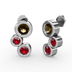 Garnet ve dumanlı kuvars 8 ayar beyaz altın küpe