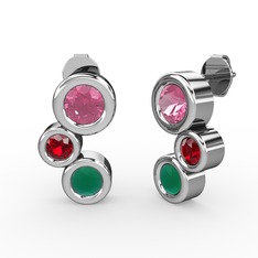 Vinda Küpe - Kök zümrüt, pembe kuvars ve garnet 14 ayar beyaz altın küpe #ido2st