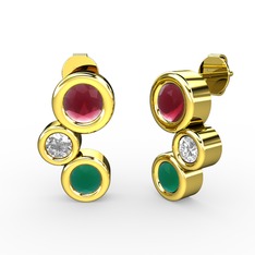 Kök zümrüt, kök yakut ve pırlanta 18 ayar altın küpe (0.48 karat)