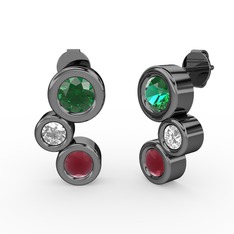 Vinda Küpe - Kök yakut, yeşil kuvars ve pırlanta 925 ayar siyah rodyum kaplama gümüş küpe (0.48 karat) #llba8l