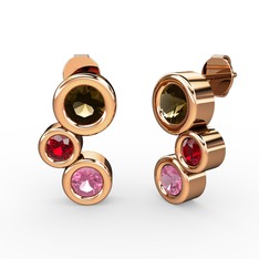 Pembe kuvars, dumanlı kuvars ve garnet 925 ayar rose altın kaplama gümüş küpe
