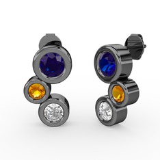 Swarovski, lab safir ve sitrin 925 ayar siyah rodyum kaplama gümüş küpe