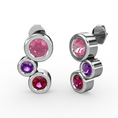 Rodolit garnet, pembe kuvars ve ametist 18 ayar beyaz altın küpe