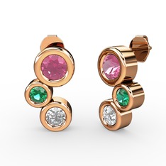 Pırlanta, pembe kuvars ve yeşil kuvars 14 ayar rose altın küpe (1 karat)